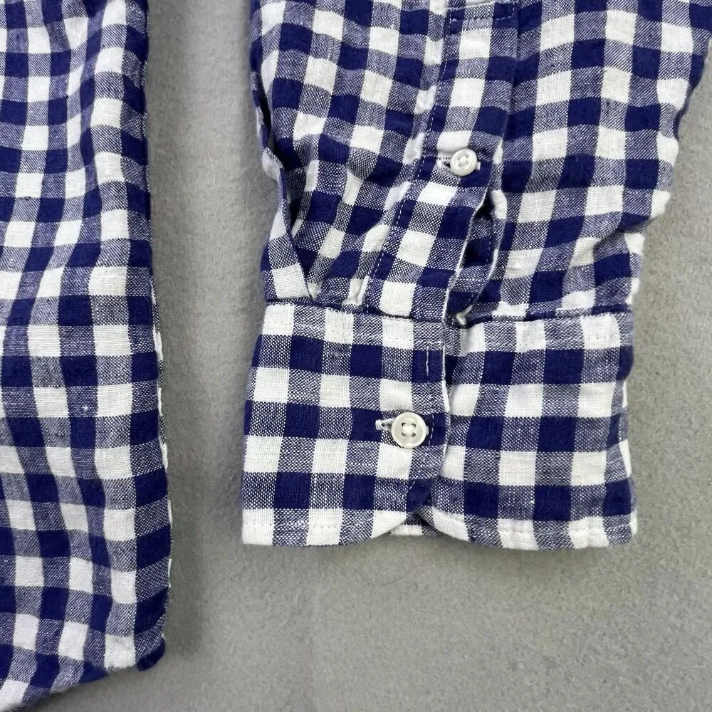 J.Crew Baird McNutt Irish Linen Shirt Men XL Blue White Plaid Button Long Sleeve